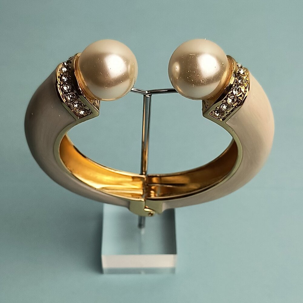 Statement Chunky Glaze Hinged Cuff Bracelet Faux Pearl Rhinestone White …